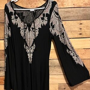 Boho Lace-Up Paisley Trim Long Sleeve Dress - Black